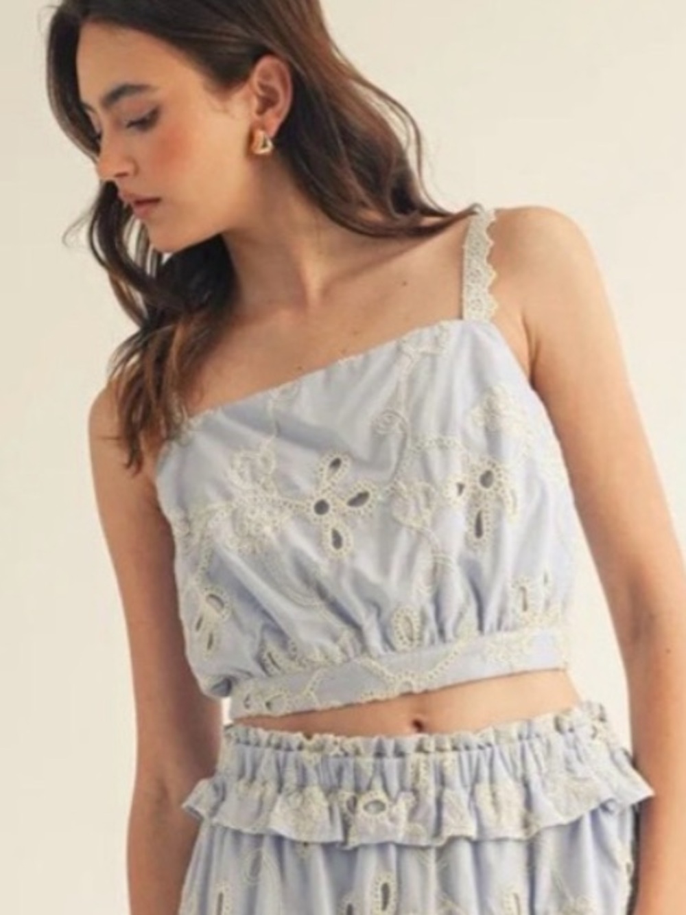 Lace-Trim Light Blue Eyelet Cropped Tank Top